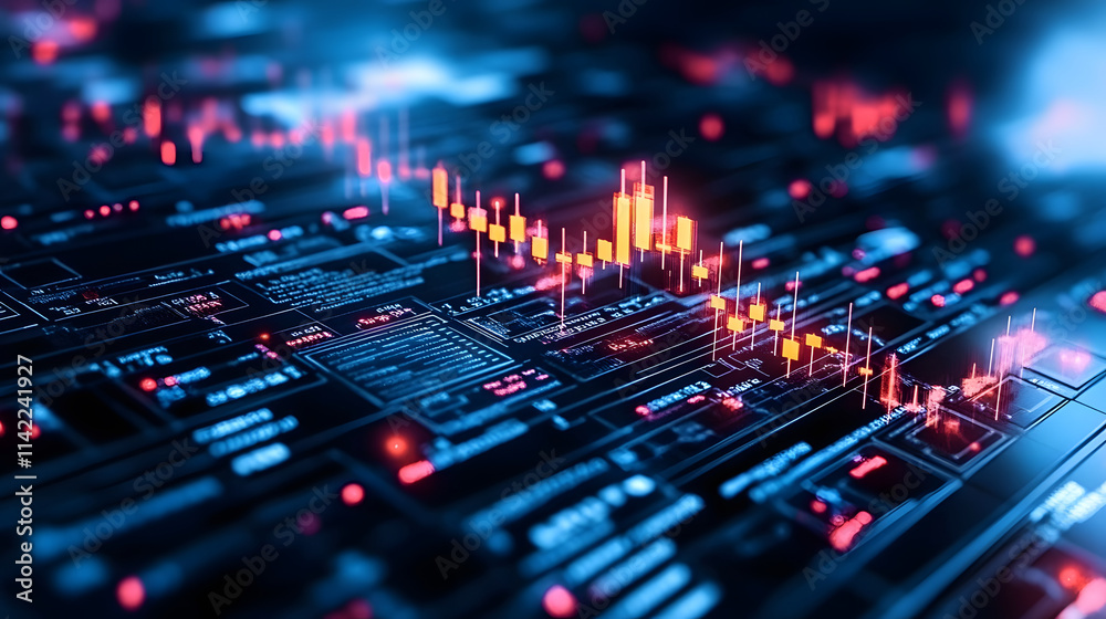 Poster A vibrant, digital representation of data with glowing graphs and circuits, symbolizing technology and analytics in a futuristic setting