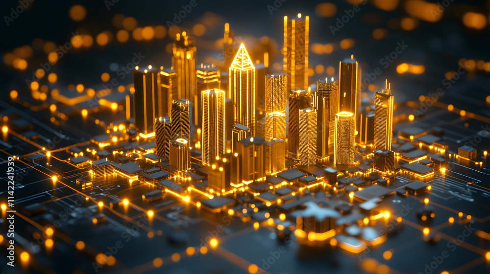 Poster A glowing, futuristic cityscape rises above a circuit pattern, symbolizing the intersection of technology and urban development