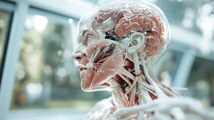 A comprehensive anatomical head model showcasing a transparent skull with an exposed brain structure, blending educational purpose with artistic representation in a spacious room.