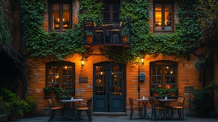 Fototapeta premium Ivy Covered Brick Building Evening Restaurant Scene