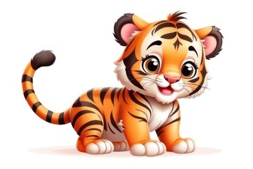 Adorable cartoon tiger cub with big eyes and stripes on white background