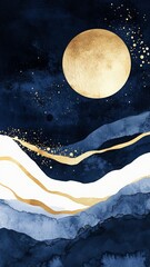 abstract watercolor artwork, large golden moon on deep blue background, textured layered wavy landscape-like patterns in blue white gold, gold accents and splatters, rich luxurious feel, moon night.