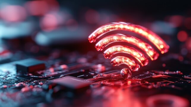 Glowing red Wi-Fi symbol above a detailed microcircuit board, symbolizing connectivity, technology, and the digital age in a high-tech visual representation. - Powered by Adobe