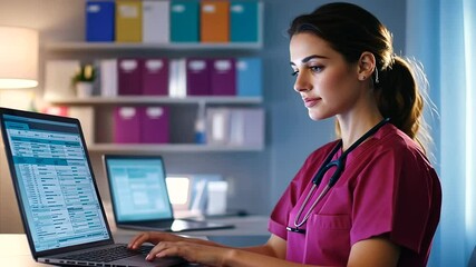 A nurse in a private clinic organizing patient information into a series of vivid color-coded folders, with charts and a laptop open on the desk.