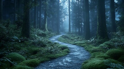 Obraz premium Serene Moonlight Path Through A Misty Forest