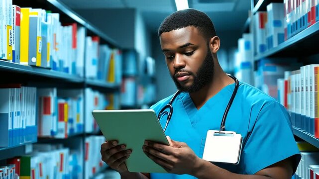 A healthcare worker checking labels on color-coded folders while cross-referencing with a tablet, ensuring precise organization of medical records.