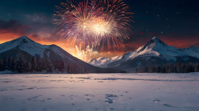 Fireworks Over Snowy Mountain Range: A breathtaking spectacle of colorful fireworks illuminating the night sky above a majestic snow-covered mountain range. - Powered by Adobe