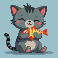 Cute Cat Hug Fish Cartoon Vector Icon Illustration