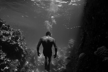 Fototapeta premium Beautiful diver goes on an underwater adventure in frighteningly deep sea