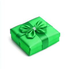 Obraz premium Green silk gift box with a satin ribbon and bow on a white background. Generated AI