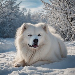 A Samoyed resting on a snow-covered path in the middle of a winter wonderland.