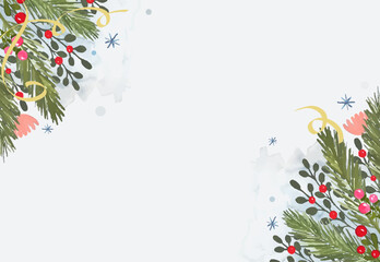 Background frame with spruce branches, berries and flowers in watercolour style in vector.