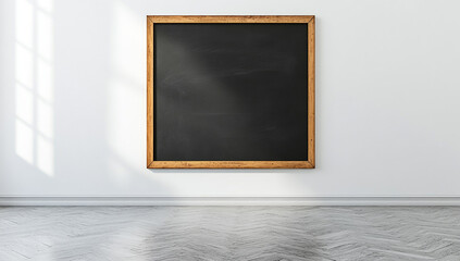 A mockup of a blackboard on a white wall with a wooden frame and floor, set in a school or office interior.