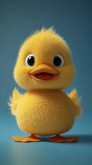 Cute cartoon inflatable yellow duck standing on a blue background