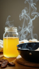 Beef tallow heating on stove for cooking purposes.