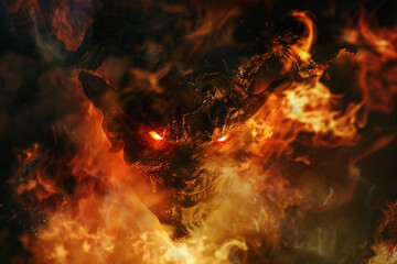 Scary sinister devil is in hell with dramatic fire lighting