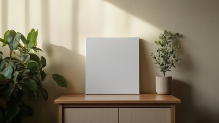 Blank white canvas leaning on wooden dresser with plants in a well-lit interior setting