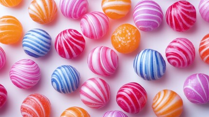 Obraz premium Colorful Swirled Candy Balls in Vibrant Shades of Pink, Blue, Orange, and Purple Arranged on a Bright White Background for a Whimsical and Festive Look