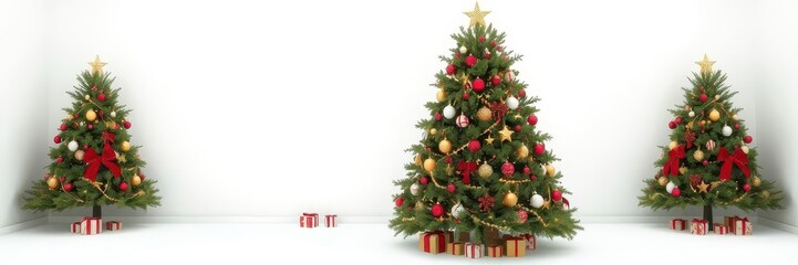 Fototapeta premium A richly decorated Christmas tree stands against a pure white backdrop, art, traditional