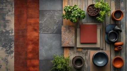 Fototapeta premium Flat lay of terracotta, grey tiles, plants, pots.
