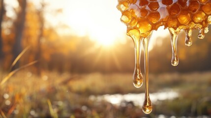 Golden honey flows from a honeycomb against a serene, open natural setting, showcasing the essence and simplicity of nature's sweetness and pure production.