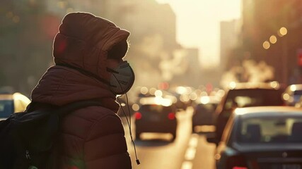 Person wearing anti pollution mask and hooded jacket is standing in traffic jam at sunset, highlighting urban air pollution challenges and health precautions