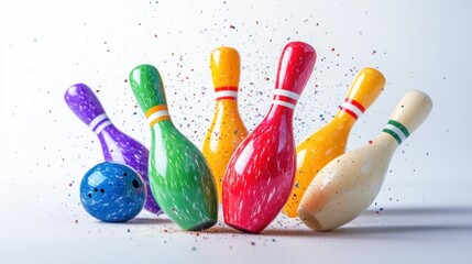 A colorful bowling ball striking down all ten pins in a dynamic motion burst, scattering pins dramatically, on white