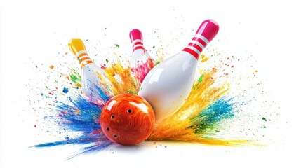A colorful bowling ball striking down all ten pins in a dynamic motion burst, scattering pins dramatically, on white