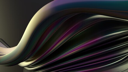 An elegant and modern 3D rendering of an abstract background featuring a twisted dark chrome metal plate, exuding a sense of luxury and delicacy in contemporary art.