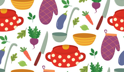 Seamless сolorful pattern with pan, kitchen glove, ladle, knife, bowl, vegetables, greens and fruits. Culinary theme background