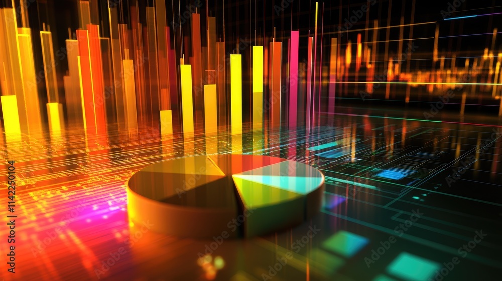 Poster a 3d financial chart showing bar graphs and pie charts with vivid colors and dynamic lighting effect