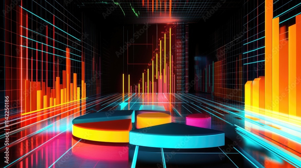 Poster a 3d financial chart showing bar graphs and pie charts with vivid colors and dynamic lighting effect