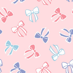 Seamless pink trendy coquette ribbon bow knot pattern. Valentine background for texture wrapping paper. Vector illustration.