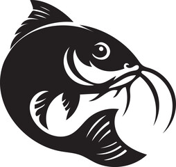 A bold, stylized graphic of a catfish, rendered in a classic black and white silhouette.