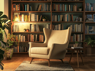 Comfortable chair in front of bookshelf