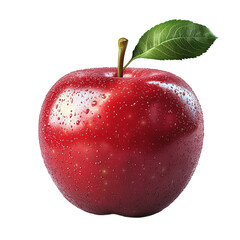 Fresh red apple with leaf and water droplets on its surface.