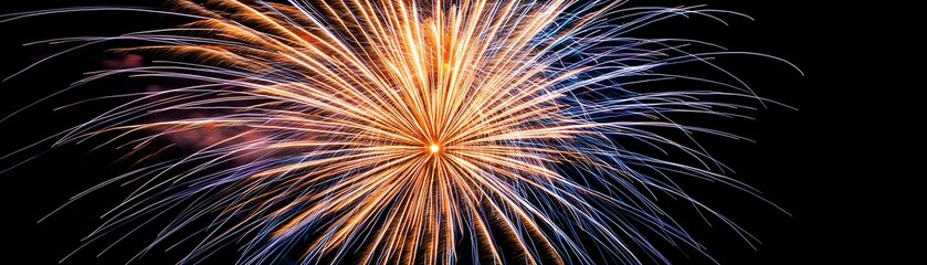 Naklejka premium A single, ultra-detailed shot of fireworks bursting in concentric circles of gold and blue, isolated against a clear, pitch-black sky with dynamic light trails