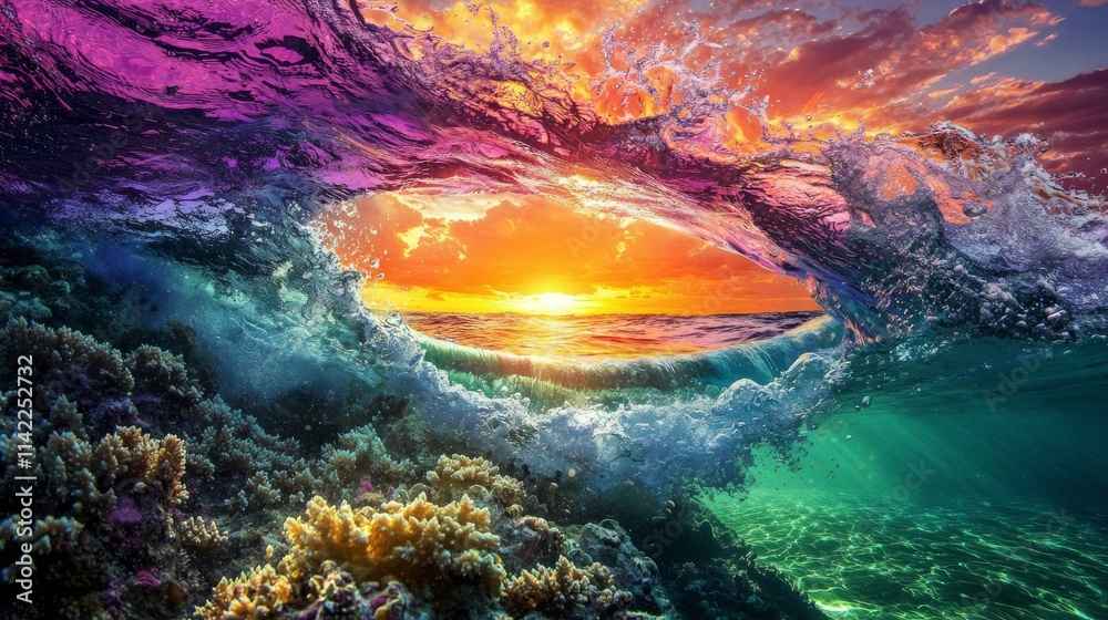 Wall mural The waterline splits the underwater section and the sunset sky, with bubbles underwater. This real image of beautiful clouds and a bright sun over the sea is ideal for Mediterranean Sea and undersea