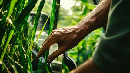 Close-Up of Farmer Hand Touching Plants in Lush Green Field During Daylight