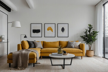 Modern living room design urban apartment interior decor contemporary style cozy environment aesthetic viewpoint