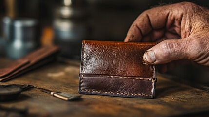 Handcrafted Leather Wallet with Detailed Stitching in Artisan Workshop Environment