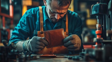 Skilled Leatherworker Carefully Stitches a Handmade Wallet in a Rustic Workshop Setting
