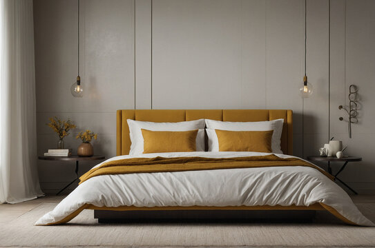 Cozy bedroom design modern home interior decor warm colors relaxing space stylish arrangement, Minimalist home interior