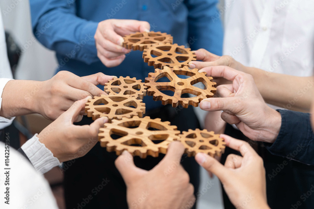 Poster business team joining cogwheel in circular together symbolize successful group of business partnersh