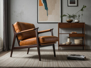 Mid-century modern chair cozy living room interior design stylish atmosphere eye-level perspective...