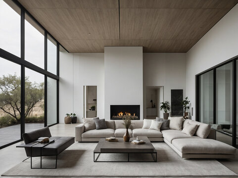 Modern living room design with cozy fireplace contemporary home interior photography minimalist aesthetic wide angle comfort and style