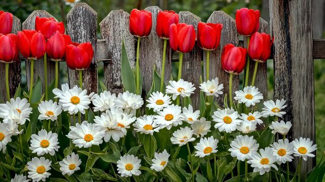 Vibrant red tulips and white daisies blooming against a rustic wooden fence in a colorful garden setting