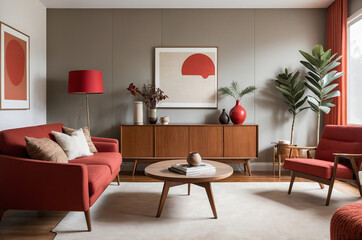 Warm and inviting living room with elegant red furniture, soft lighting, and modern minimalist...