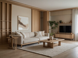 Calm, peaceful, minimalist living room with natural light, neutral tones, and airy Scandinavian...