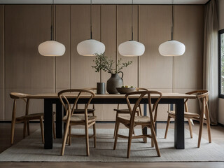 Modern dining room design stylish home interior elegant furniture arrangement natural light...